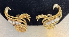 Natural Diamond Earrings Estate Vintage Rope Swirl Omega Clip 14K Gold 10.8g