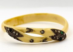 Antique Art Deco Ivory Celluloid Paste Green-Eyed Snake ARM Band Bangle Bracelet