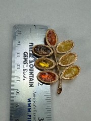 Vintage Chinese Resin Cabochon Leaf Brooch Gold Tone Asian Figural Pin