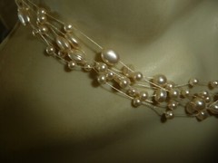 MULTI STRANDS FAUX PEARLS on WHITE CORD 7″L COLLAR NECKLACE #25/22A