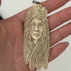 Vintage Native American Woman Eagle Carved Buffalo Bone Pendant