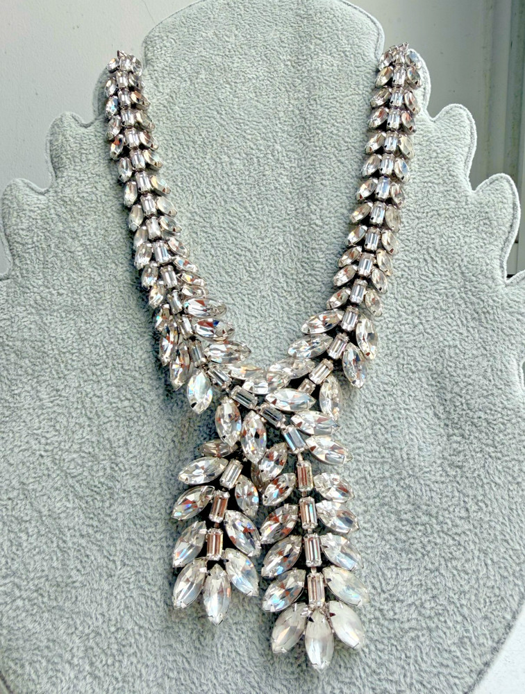 Vintage Weiss Rhinestone Necklace Statement Bib Wedding Runway Signed