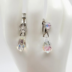 Vintage AB Crystal Faceted Teardrop Prism Drop Dangle Fancy Screw Back Earrings