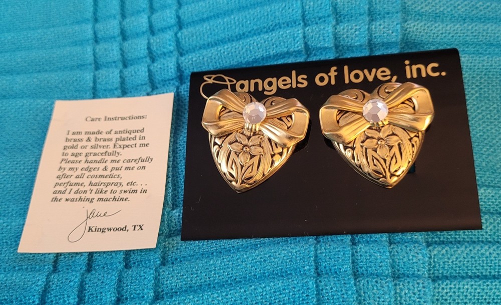 VTG-1995 “Angels of Love” Gold Tone Floral Heart & Rhinestone Earrings By Jane