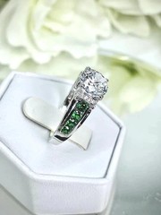 Art Deco Style Lab Created Diamond Emerald Engagement 14K White Gold Finish Ring