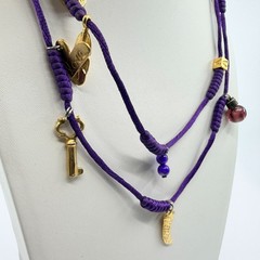 VTG Purple Silk Cord Multi Charm Layered Necklace Gold Tone Key Heart Italian