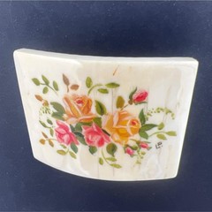 Antique Celluloid Brooch Pin Floral Hand Painted Signed Trombone Clasp