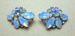 Vintage Gold Tone Blue Opalite Glass Rhinestone Fanned Out Clip On Earrings