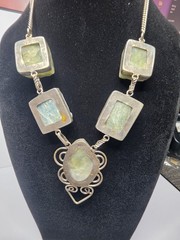 Vintage 925 Raw Green Aquamarine Nugget Station Necklace 55g 19″