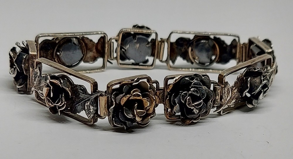 Vintage Signed F.LLI Peruzzi Italy Sterling Silver Floral Rose Link Bracelet