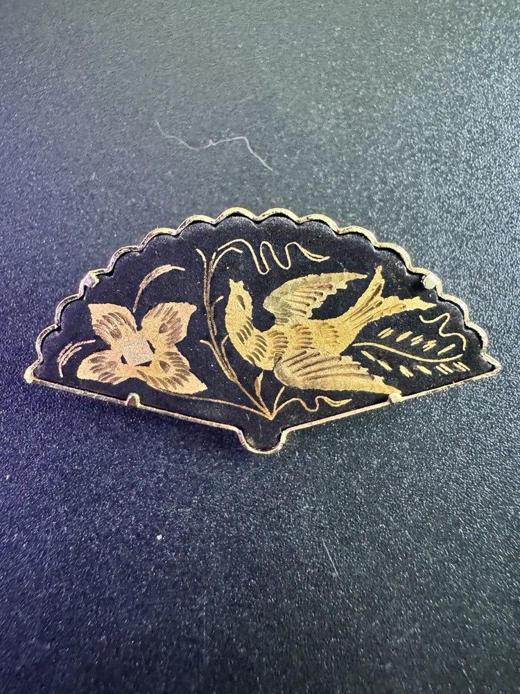 Vintage Damascene Brooch Toledo Gold Spain Birds Flowers Floral Design Fan Shape