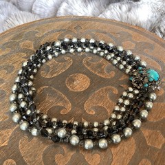 Vintage Miriam Haskell Baroque Pearl Turquoise Rhinestone Crystal Clasp Necklace