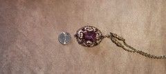 Vintage Signed W Germany Ornate Filigree Pendant Necklace Purple Glass Pearl