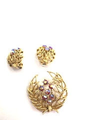 Vintage Lisner Signed Goldtone Brooch and Clip Earrings Rhinestone AB Set