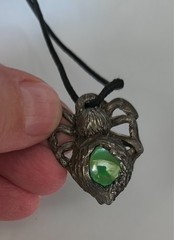 Vintage Pewter Spider Pendant Necklace corded green stone Gothic