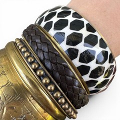 Geometric Brass Bracelet Stack Enamel Bangle Vintage Leather Black White Safari