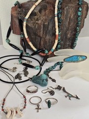 LG STERLING MIXED JEWELRY LOT-ZUNI NAVAJO MEXICO-TURQUOISE LAPIS CORAL-SOUTHWEST
