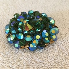 Vintage Brooch AB Crystal / Glass Beads Faceted Heavy Blues & Greens Sparkly