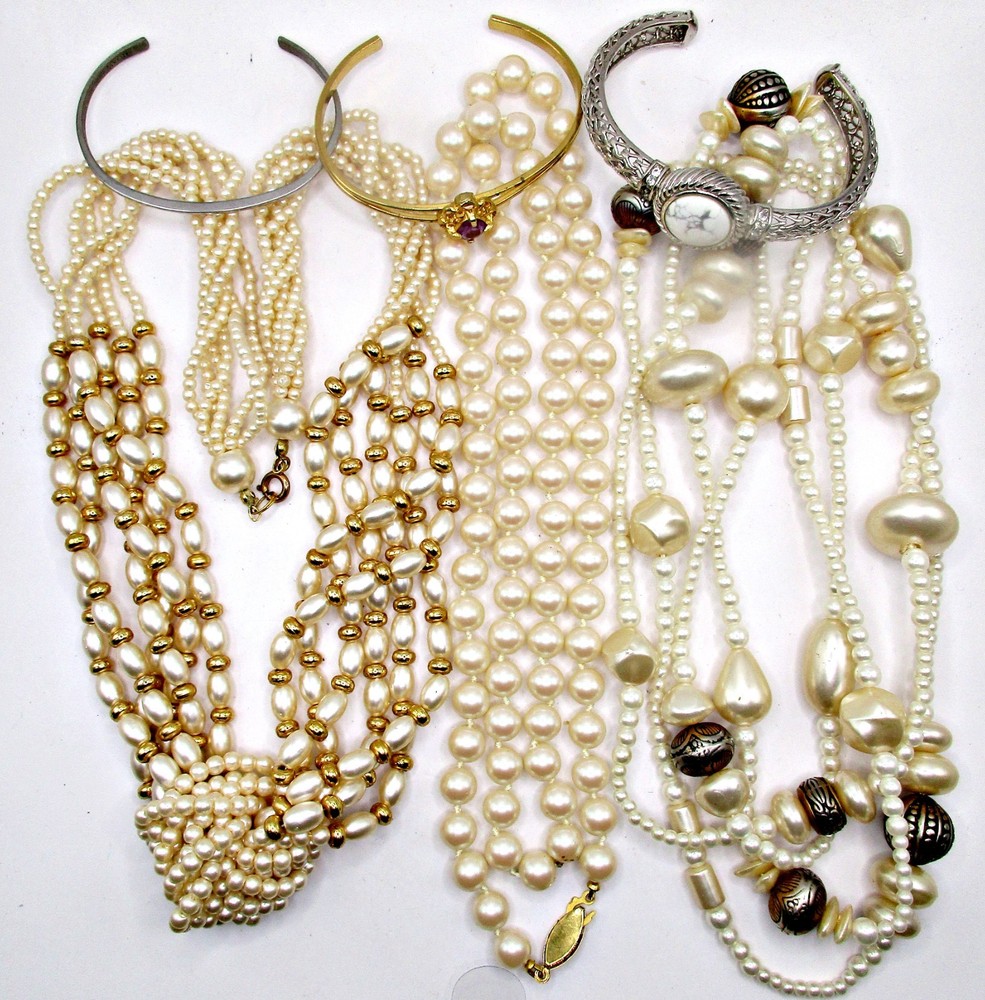 Vintage 6pc Lot Faux Pearl, Silver/Gold-tone Necklaces Cuff Bracelets Rhinestone