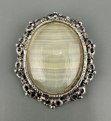 Vintage Gemstone Brooch Polished Beige Banded Agate Silver Tone Oval Frame Heavy