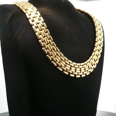 Vintage 5‑Row Panther Link Choker Necklace Gold Tone Wide Brick Mesh 1960s–1980s