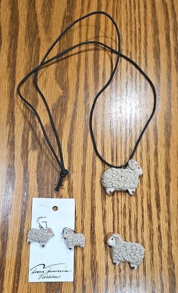 Sheep Pin, Matching Earrings And Ram Pendant Necklace Ceramic Animal