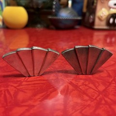 Vintage Silver Color 2” Clip-On Earrings Fan Shape Art Deco Modern MCM
