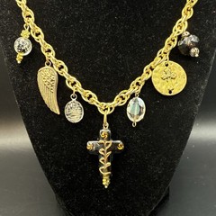 Vintage Brassy Bronzy Necklace & Charms of Mixed Metals: Cross, Angel Wing, OOAK