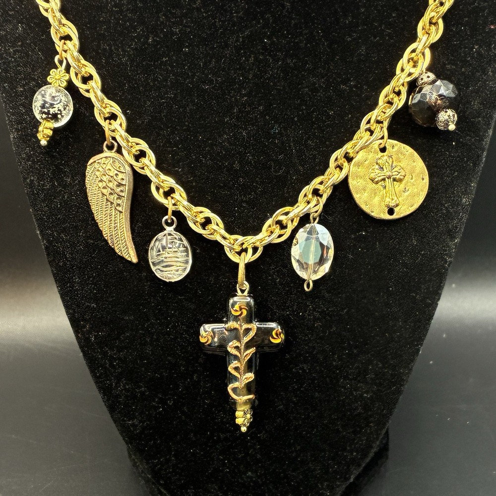 Vintage Brassy Bronzy Necklace & Charms of Mixed Metals: Cross, Angel Wing, OOAK