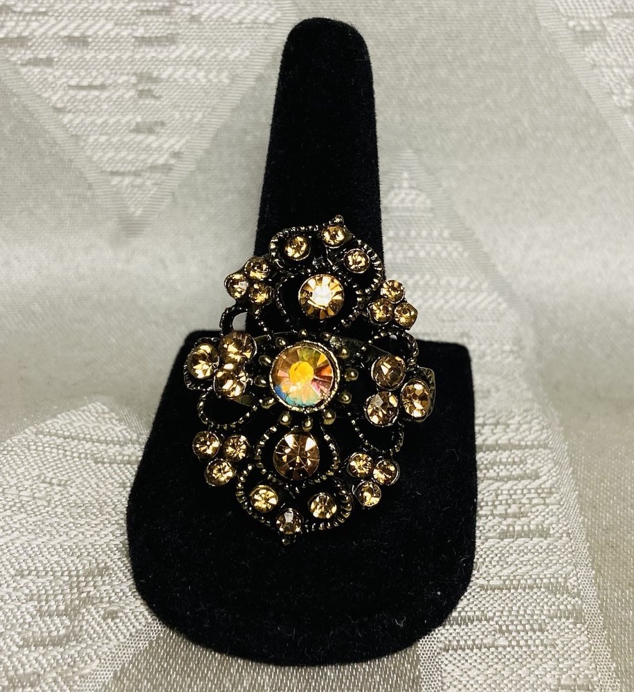 Vintage Aurora Borealis Rhinestone Ornate Statement Cocktail Ring Adjustable