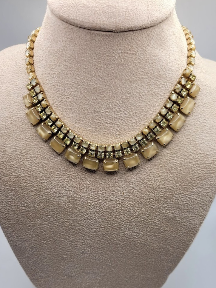 Vintage Champagne Glow Satin Glass Cabochon & Rhinestone Choker Necklace 15”