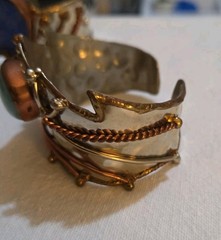 Lot 3 Vtg Unmarked Artisan Mixed Metal Cuff Bracelets Copper Brass Stone