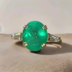 Vintage 14k Yellow Gold Engagement Ring 9.42CT.Natural Green Emerald Oval Shape