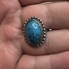 Vintage Oval Stone Turquoise Silver Tone Adjustable Size Engraved Ring 1” +