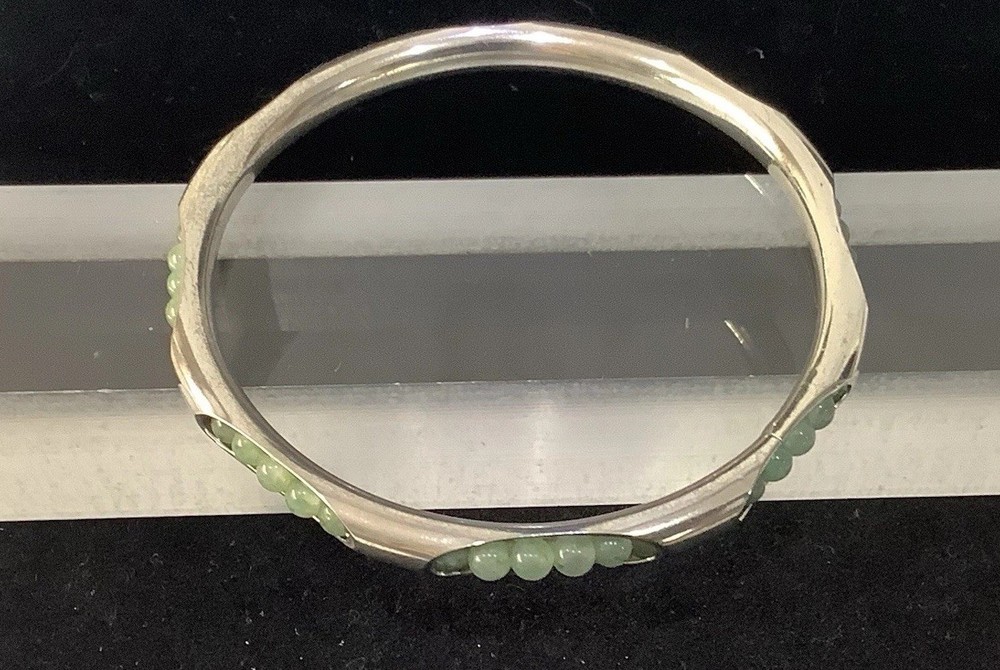 Vintage Silver plate Bangle Bracelet W/ Round Jade Beads Inside Unique Piece