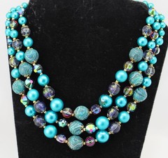Vintage 50s Vendome Triple 3 Strand Aqua Blue Teal Marbled Bead Necklace