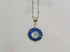Art Deco Style Lab Created Sapphire & Diamond Wedding 14k White Gold FN Pendant