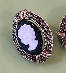 Vintage Cameo Black Onyx & Marcasite 925 Sterling Silver Earrings