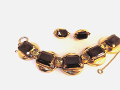 Bracelet Earrings Set 5 Link Brown Green Large Rhinestones Open Backs MCM Trendy