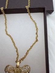 Authentic CELINE Paris Gold Tone Bow Crystal Pendant Necklace 26 in.