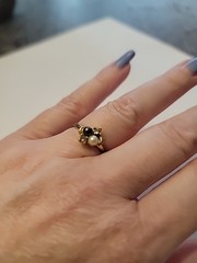 Vintage 14k Gold Electro Plate Onyx/ Pearl Gems Cubic Zirconia Ring Size 7