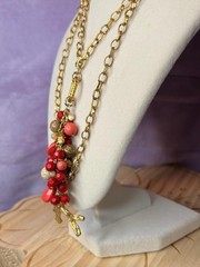 Vintage Boho Red Pink Cluster Tassel Pendant Necklace Matching Drop Earrings Set