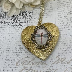 Gold Heart Locket Glass Birthday Anniversary Wedding Dragonfly Cameo Necklace