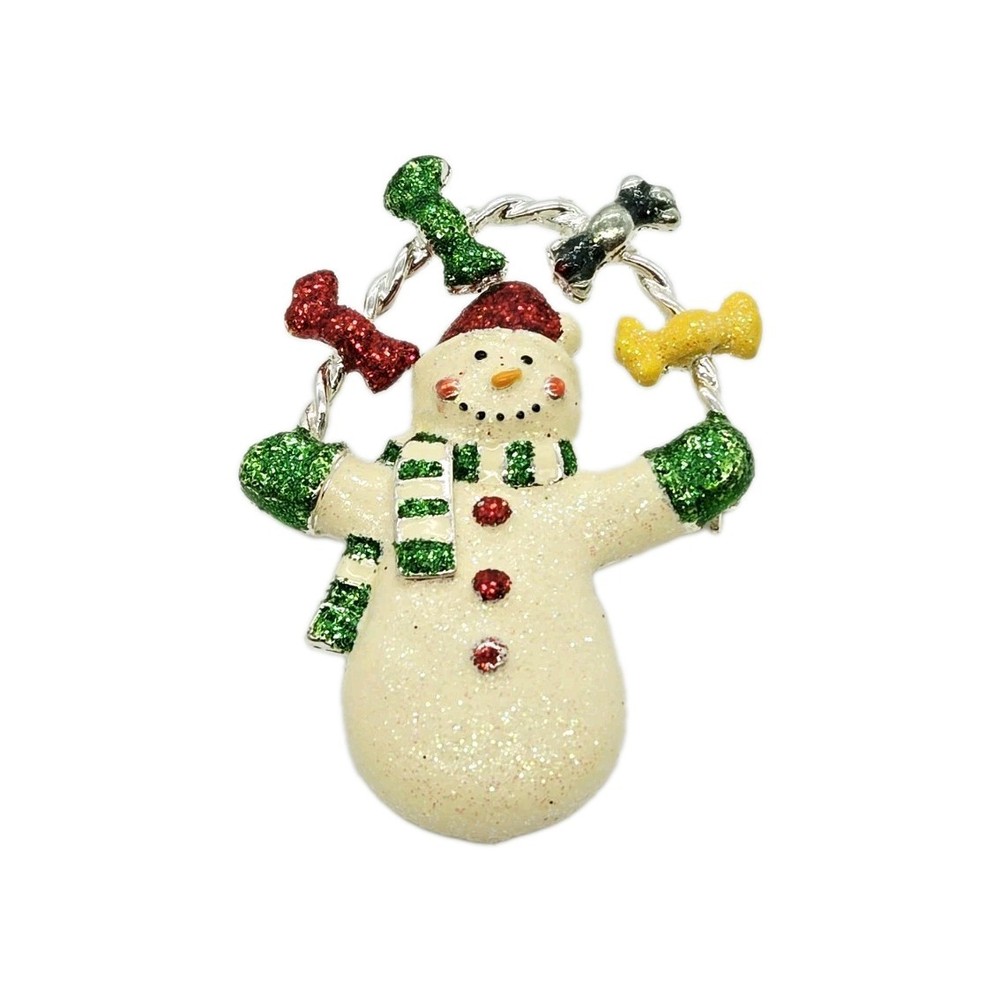 Snowman Brooch Glitter Christmas Pin Silver tone Signed Danecraft 2.25 in