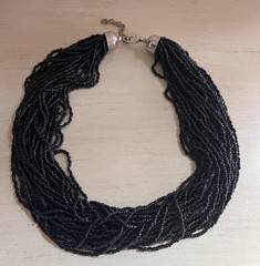 Vintage Black Glass Seed Bead Multi Layered Silver Clasp 18” Statement Necklace