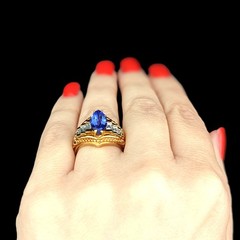 GIA Cert Vintage Tanzanite Baguette Cut Diamond 18k Yellow Gold Statement Ring