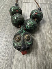 Vintage Folk Art Snake Necklace Hand Painted Beads Leather Cord Tribal Primitive