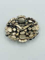 Vintage Unsigned Silver Tone Brooch w/Emerald & Lime Green Prong Set Crystals