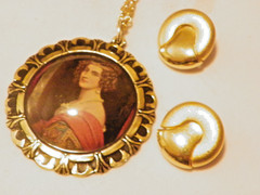 Nice Vintage Jewelry Portrait Pendant Necklace-BSK Leaf brooch 2 pr earring