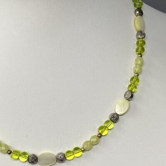 Dainty Glass Station Necklace Lime Green Druk Bead MOP Frosted Acrylic Faceted